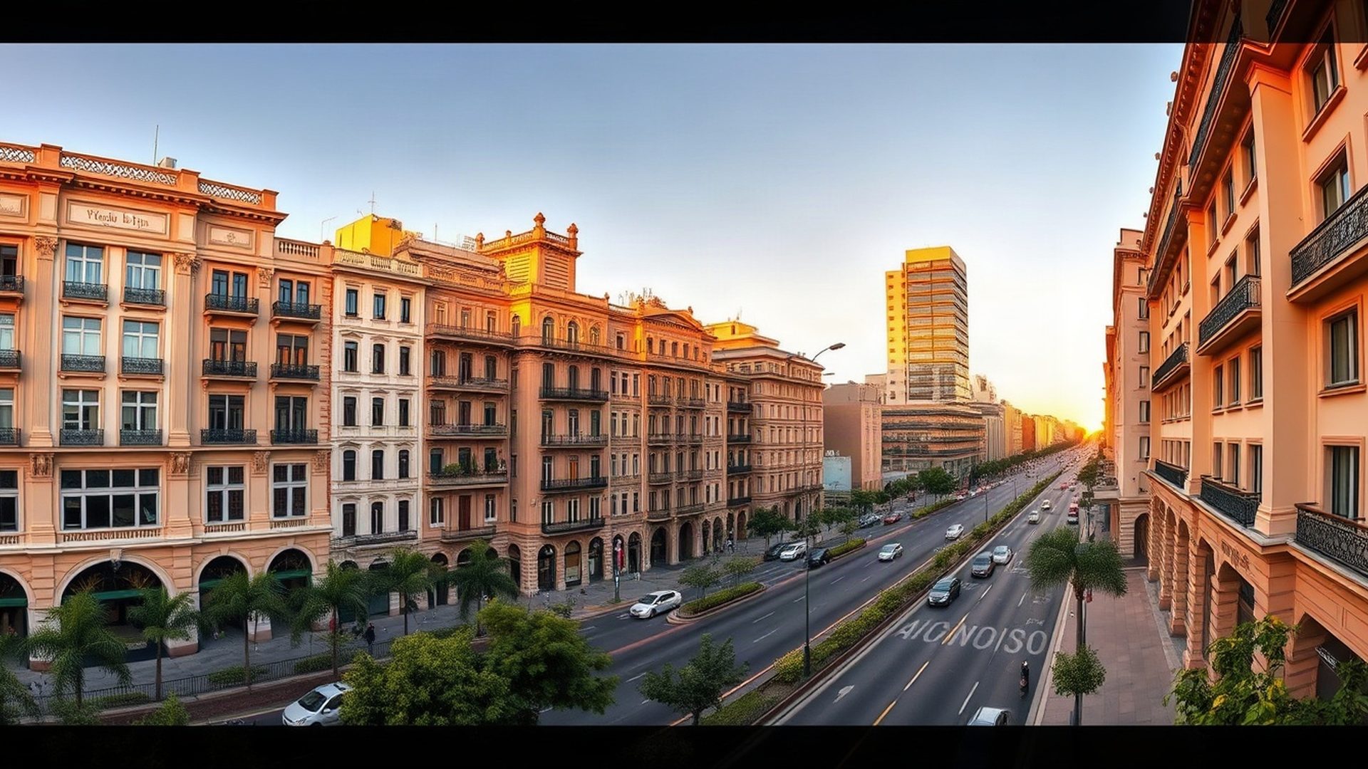 Vista de la Avenida 18 de Julio en Montevideo al atardecer
